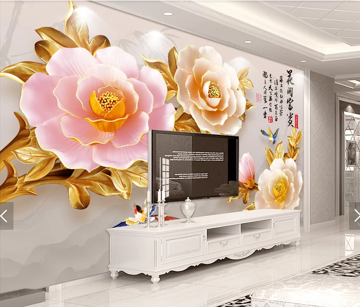 3D立体浮雕花开富贵牡丹新中式电视背景墙