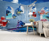 现代3d立体地中海孔雀鱼背景墙儿童房壁画