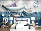 珠宝海洋鲸鱼灯塔航海小船砖墙地中海欧式儿童房背景墙壁画