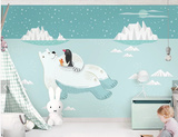 可爱卡通北极熊企鹅冰山北欧儿童房背景墙壁画
