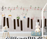 手绘卡通文艺兔子钢琴儿童房背景墙