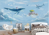 手绘水彩创意天空鲸鱼儿童房间壁画背景墙