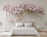 淡紫色3d立体一颗开花的树床头背景壁画