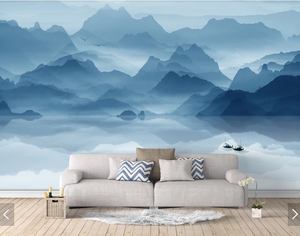 无缝壁画 大气的新中式水墨山水飞鸟客厅抽象蓝色电视背景墙-1