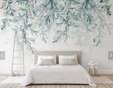小清新手绘水彩绿色叶子北欧简约床头背景墙壁画
